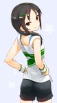  bare_shoulders black_hair brown_eyes dated from_behind hair_ornament hair_over_shoulder hairclip hands_on_hips idolmaster idolmaster_cinderella_girls long_hair looking_back nagian pantylines ponytail rookie_trainer shorts smile solo trainer_(idolmaster) wristband 