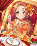 artist_request chair choker curtains dress dutch_angle flower fork glass gloves hair_flower hair_ornament idolmaster idolmaster_cinderella_girls indoors jpeg_artifacts knife looking_at_viewer official_art plate ryuuzaki_kaoru sitting smile solo source_request table vase 