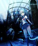  bag blue_hair bus_stop city fish green_eyes looking_at_viewer original school_uniform serafuku short_hair skirt thighs ume_(illegal_bible) underwater 