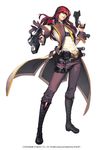  alternate_costume belt boots chaos_online company_name copyright_name dual_wielding full_body gun handgun highres holding long_hair looking_at_viewer love_cacao male_focus official_art parted_lips purple_eyes red_hair simple_background solo standing sunglasses weapon white_background zerdin 