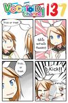  1girl 4koma anger_vein ascot blonde_hair blood blue_eyes catstudioinc_(punepuni) clenched_hand comic commentary cosplay hair_ribbon highres in_the_face kagamine_len kagamine_rin kagamine_rin_(cosplay) kicking left-to-right_manga notepad reverse_translation ribbon sailor_collar spitting spitting_blood thai translated trick_or_treat vocaloid 