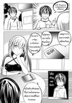  1girl book breasts catstudioinc_(punepuni) check_translation chin_rest cleavage comic criss-cross_halter cup drinking_glass emphasis_lines greyscale halter_top halterneck index_finger_raised kaito left-to-right_manga long_hair medium_breasts megurine_luka monochrome table thai translation_request vocaloid 