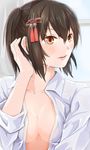  adjusting_hair breasts brown_eyes brown_hair cleavage collarbone collared_shirt hair_ornament hand_in_hair highres kantai_collection looking_to_the_side no_bra open_clothes open_shirt parted_lips school_uniform sendai_(kantai_collection) serafuku shirt short_hair small_breasts smile solo two_side_up upper_body yakku 