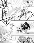  1boy 1girl bamboo bamboo_forest battle broken_mask comic emphasis_lines forest fox_mask greyscale hio_(hiomemo) kunimitsu_(tekken) mask mask_removed monochrome motion_lines nature tekken translation_request yoshimitsu 