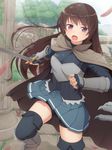  armor brown_hair highres long_hair looking_at_viewer open_mouth original purple_eyes ruins solo sword tachimi_(basue) weapon 