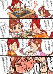  4koma :t ^_^ ^o^ blush blush_stickers bottle closed_eyes comic food full-face_blush full_mouth go!_princess_precure grill haruno_haruka hino_akane_(smile_precure!) kemonomimi_mode koyama_shigeru lampion multiple_girls okonomiyaki open_mouth pout precure smile smile_precure! speech_bubble sweatdrop table talking translation_request 