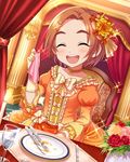  artist_request chair choker closed_eyes curtains dress dutch_angle flower fork glass gloves hair_flower hair_ornament idolmaster idolmaster_cinderella_girls indoors jpeg_artifacts knife official_art open_mouth plate ryuuzaki_kaoru sitting smile solo source_request table vase 