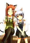  alternate_costume animal_ears braid cat_day cat_ears cat_tail closed_eyes fumikiri_(dake_no_hito) hair_ribbon highres hong_meiling izayoi_sakuya kemonomimi_mode long_hair multiple_girls puffy_short_sleeves puffy_sleeves red_eyes red_hair ribbon short_hair short_sleeves silver_hair sitting tail touhou tress_ribbon twin_braids 