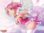  bare_shoulders blush breasts bridal_gauntlets cleavage commentary detached_collar fairy fairy_wings green_eyes hair_ornament hairclip highres huniepop kyu_sugardust medium_breasts ninamo official_art pink_hair short_twintails showgirl_skirt smile solo thighhighs twintails watermark white_legwear wings 