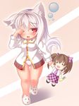  :d animal_ears animal_slippers blush bow brown_eyes brown_hair cellphone character_doll dog_slippers dragoner hair_bow himekaidou_hatate inubashiri_momiji no_pants open_mouth panties phone red_eyes rubbing_eyes shirt silver_hair skirt sleepy smile solo tail touhou twintails underwear white_panties wide_hips wolf_ears wolf_tail 