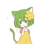 animal_ears blush cat_ears cat_tail dress finger_to_chin flower green_eyes green_hair hair_flower hair_ornament lowres notice_lines ntm39 nyan polka_dot roo-ko_(roo&amp;coo) roo_&amp;_coo short_hair simple_background solo tail white_background 