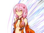  bare_shoulders breasts center_opening cleavage detached_sleeves elbow_gloves gloves guilty_crown hair_ornament hairclip long_hair looking_at_viewer pink_hair red_eyes small_breasts solo thighhighs tige twintails yuzuriha_inori 