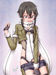  ^jj^ asada_shino black_eyes black_hair cosplay embarrassed glasses scarf short_hair sinon sinon_(cosplay) solo sword_art_online 