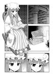  book comic doujinshi greyscale hat highres holding holding_book long_hair mob_cap monochrome morioka_itari patchouli_knowledge reading revision silent_comic sitting touhou 