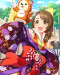  artist_request blush brown_eyes brown_hair bunny bunny_puppet cloud cloudy_sky day hair_ornament idolmaster idolmaster_cinderella_girls japanese_clothes kimono long_hair low_ponytail mochida_arisa official_art puppet sky smile solo tree 