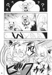  book chestnut_mouth comic dress drill_hair fang frilled_dress frills greyscale hat highres hirasaka_makoto luna_child monochrome multiple_girls pushing reading sitting sunny_milk surprised touhou translated tree 