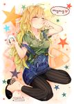  2014 blonde_hair food happy_birthday hoshii_miki idolmaster idolmaster_(classic) laki leggings long_hair onigiri overalls smile star 