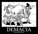  3boys armor black_hair boots crown dragon_ball dragon_ball_z garen_crownguard gauntlets ginyu_force_pose greyscale hairband hammer jarvan_lightshield_iv league_of_legends long_hair luxanna_crownguard meme monochrome motivator multiple_boys multiple_girls nestkeeper pointy_ears ponytail poppy reaction sash short_hair shoulder_pads text_focus twintails weapon xin_zhao 