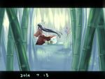  bamboo bamboo_forest black_hair bow branch commentary_request forest houraisan_kaguya japanese_clothes jeweled_branch_of_hourai long_hair musical_note namauni nature solo touhou very_long_hair 