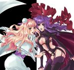  bad_id bad_pixiv_id blonde_hair blue_eyes boots breasts chiririzumu cleavage dual_persona highres large_breasts macross macross_frontier macross_frontier:_itsuwari_no_utahime midriff multiple_girls purple_eyes purple_hair sheryl_nome thigh_boots thighhighs 