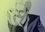  bad_id bad_pixiv_id facial_hair formal gradient gradient_background green gregory_house house_m.d. male_focus monochrome mouth_hold purple solo stubble 