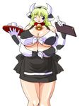  animal_ears bell blonde_hair blue_eyes breasts cleavage collar covered_nipples cow_bell cow_ears cow_girl cow_horns drink elbow_gloves extra_breasts gloves horns huge_breasts maruke one_eye_closed original pencil_skirt skirt solo tray waitress 
