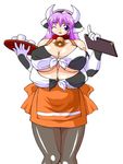  animal_ears bell blue_eyes breasts cleavage collar covered_nipples cow_bell cow_ears cow_girl cow_horns drink elbow_gloves extra_breasts gloves horns huge_breasts maruke one_eye_closed original pantyhose pencil_skirt purple_hair skirt solo tray waitress 