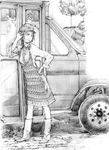  boots bus dress dress_shirt greyscale ground_vehicle hat monochrome morihito motor_vehicle original shirt solo tree 
