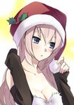  bad_id bad_pixiv_id blue_eyes blush breasts cleavage detached_sleeves fidgeting hat hijiki_(hijikini) large_breasts long_hair looking_away megurine_luka pink_hair santa_hat shy sleeves_past_wrists solo vocaloid 