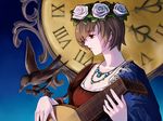  bird brown_eyes brown_hair crown dress flower hair_flower hair_ornament head_wreath instrument jewelry lute_(instrument) meiko necklace rose short_hair solo sorata vocaloid white_flower white_rose 