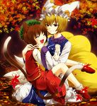  :d animal_ears autumn blonde_hair brown_hair cat_ears cat_tail chen closed_eyes fox_tail happy hat hug leaf maple_leaf multiple_girls multiple_tails nohko open_mouth short_hair sitting sitting_on_lap sitting_on_person smile tail touhou yakumo_ran yellow_eyes 