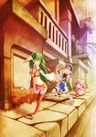  2girls akai_kagerou end_of_the_world feena_(grandia) grandia grandia_i green_hair hat holding_hands justin_(grandia) layered_sleeves long_hair looking_back low-tied_long_hair multiple_girls open_mouth road smile street sue_(grandia) vanishing_point walking 