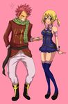 1girl bad_id bad_pixiv_id bare_shoulders blonde_hair blush closed_eyes cuffs fairy_tail grin holding_hands legs lucy_heartfilia natsu_dragneel ribbon sash scarf sena_(pixiv1332930) smile thighhighs twintails 