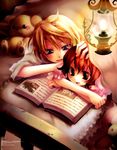  1girl artist_request blonde_hair blue_eyes blush book character_request copyright_name henrietta_grimm highres lamp reading red_eyes red_hair stuffed_animal stuffed_toy teddy_bear zettai_meikyuu_grimm 