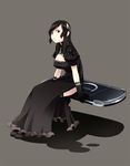  black_eyes black_hair breasts cleavage dress game_console gloves handheld_game_console large_breasts long_hair nanakura_nanane original personification playstation playstation_portable product_placement solo sony 