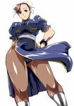  boots bracelet breasts brown_hair bun_cover cameltoe china_dress chinese_clothes chun-li curvy double_bun dress from_below hand_on_hip jewelry large_breasts looking_down pantyhose pelvic_curtain saruanu sash short_hair solo spiked_bracelet spikes street_fighter thighs wide_hips 
