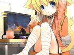  :t animal_ears blonde_hair blue_eyes cat_ears cat_tail checkered checkered_shirt collar computer eating food fuyuno_mikan hair_ornament hairclip kneehighs leash left_4_dead orange_shirt original sandwich shirt socks solo striped striped_legwear tail video_game 