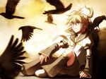  aqua_eyes bird blonde_hair headphones headset kagamine_len male_focus necktie shorts sitting solo sorata vocaloid yellow_neckwear 