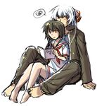  alternate_costume barefoot black_hair book contemporary dual_persona feet fujiwara_no_mokou fujiwara_no_mokou_(young) hair_ribbon holding korean legs multiple_girls reading red_eyes rex_k ribbon school_uniform serafuku short_hair simple_background sitting sketch time_paradox touhou white_hair younger 