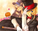  1boy 1girl bare_shoulders blonde_hair blue_eyes cane cloak elbow_gloves female final_fantasy final_fantasy_ix gloves halloween hat jewelry long_hair male moogle necklace pumpkin purple_eyes purple_hair purple_lips ruby_(ff9) thigh-highs thighhighs top_hat violet_eyes witch_hat yatoyaniwa zidane_tribal 