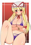  bikini blonde_hair blush breasts cleavage curvy hat kyokutou_hentai_samurai large_breasts long_hair micro_bikini red_eyes solo string_bikini swimsuit thighs touhou yakumo_yukari 