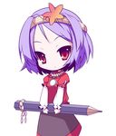  alternate_hairstyle chibi forehead hair_ornament headband leaf_hair_ornament miko_machi onbashira parody pencil purple_hair red_eyes rope shimenawa short_hair solo touhou tsurime wooden_pencil yasaka_kanako 