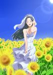  3a07 adjusting_hair ahoge blue_hair blurry breasts choker cleavage closed_eyes day depth_of_field dress field flower flower_field g-tetsu highres idolmaster idolmaster_(classic) large_breasts lens_flare light_rays long_hair miura_azusa sky smile solo sun sunbeam sunflower sunlight wind 