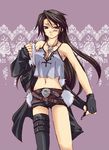  belt blue_eyes blush breasts brown_hair cleavage cropped dissidia_final_fantasy final_fantasy final_fantasy_viii genderswap genderswap_(mtf) gloves itsuki_(platinum1228) jacket jewelry long_hair medium_breasts midriff navel necklace scar shorts single_thighhigh solo squall_leonhart thighhighs 