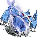  breaking claws cross crushing dutch_angle energy gen_3_pokemon highres imao_kiiru metagross no_humans pokemon pokemon_(creature) punching red_eyes rock sparks 