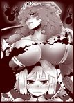  annoyed big_hair blush bob_cut breast_rest breasts breasts_on_head cleavage curly_hair eyebrows fan folding_fan frown hair_over_one_eye hat huge_breasts kage_houshi konpaku_youmu looking_at_viewer monochrome multiple_girls no_bra open_clothes open_shirt parted_lips ribbon saigyouji_yuyuko saliva saliva_trail shirt skindentation spirit tongue tongue_out touhou triangular_headpiece 