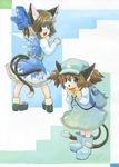  animal_ears backpack bag blue_eyes bow brown_hair cat_ears cat_tail chen child cirno cirno_(cosplay) cosplay earrings hair_bow hat jewelry kawashiro_nitori kawashiro_nitori_(cosplay) key mochisuni multiple_tails short_hair tail touhou traditional_media two_side_up wings 