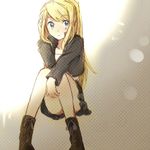  bad_id bad_pixiv_id blonde_hair blue_eyes boots fullmetal_alchemist hair_tousle jacket long_hair ponytail riru sitting skirt solo winry_rockbell 