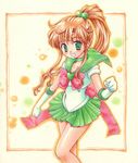  back_bow bishoujo_senshi_sailor_moon bow brown_hair choker elbow_gloves gloves green_choker green_eyes green_sailor_collar green_skirt kino_makoto long_hair magical_girl marker_(medium) millipen_(medium) minami_kawa pink_bow pleated_skirt ponytail ribbon sailor_collar sailor_jupiter sailor_senshi_uniform sidelocks skirt smile solo super_sailor_jupiter tiara traditional_media white_gloves 