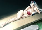  adapted_costume barefoot bikini breasts covered_nipples curvy feet fingernails hat huge_breasts konton legs long_hair long_legs lying mature navel nipples on_side pale_skin red_eyes silver_hair solo swimsuit thick_thighs thighs touhou wide_hips yagokoro_eirin 